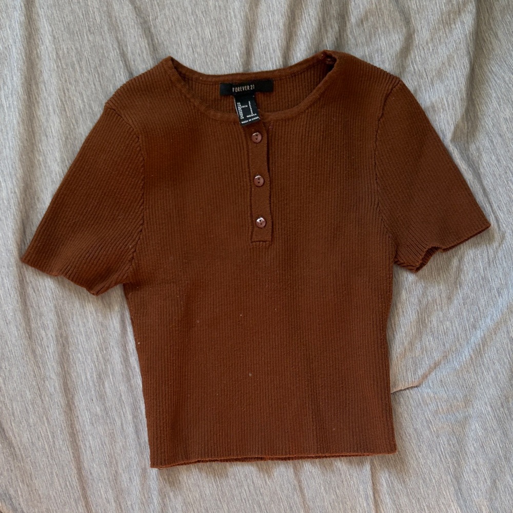 Forever 21 Brown Ribbed cropped Short Sleeve Top